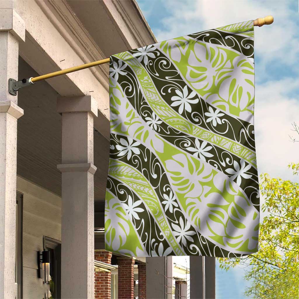Olive Tahiti Tiare Monstera Garden Flag Polynesian Pattern Curve Style LT01 House Flag Olive - Polynesian Pride
