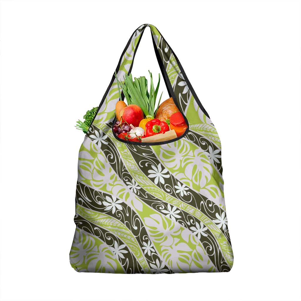 Olive Tahiti Tiare Monstera Grocery Bag Polynesian Pattern Curve Style LT01 1-pack One Size Olive - Polynesian Pride