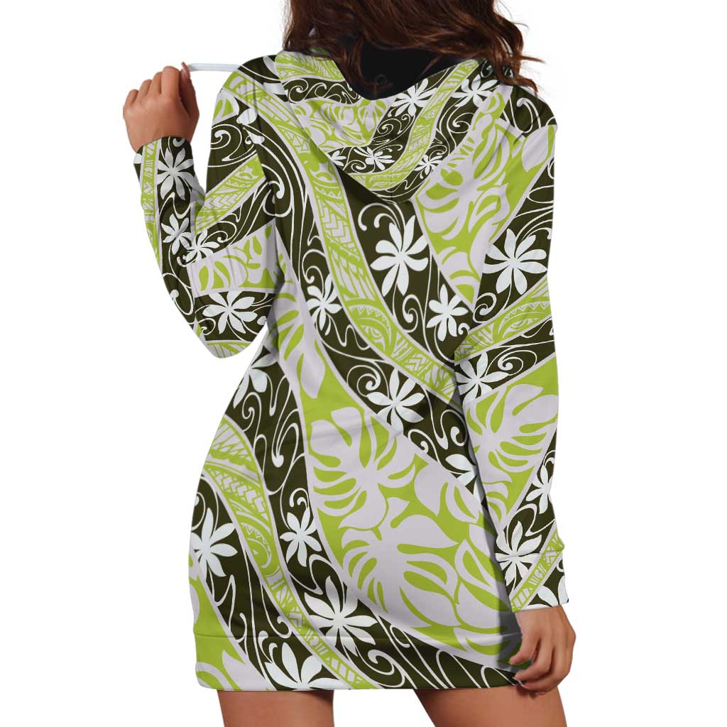 Olive Tahiti Tiare Monstera Hoodie Dress Polynesian Pattern Curve Style LT01 - Polynesian Pride