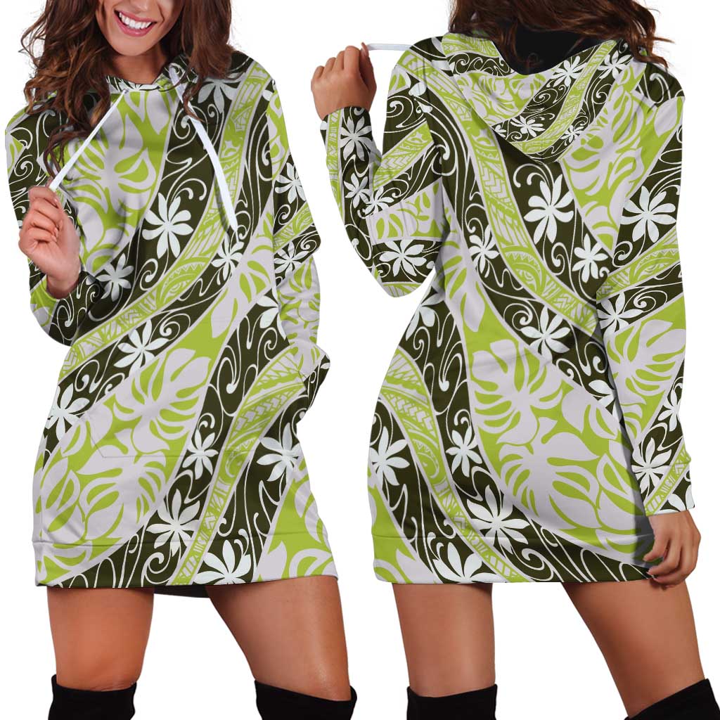 Olive Tahiti Tiare Monstera Hoodie Dress Polynesian Pattern Curve Style LT01 - Polynesian Pride