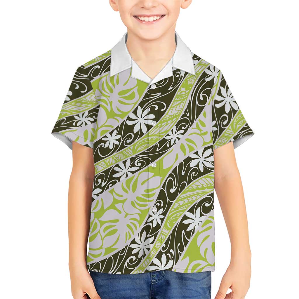 Olive Tahiti Tiare Monstera Kid Hawaiian Shirt Polynesian Pattern Curve Style LT01 Kid Olive - Polynesian Pride