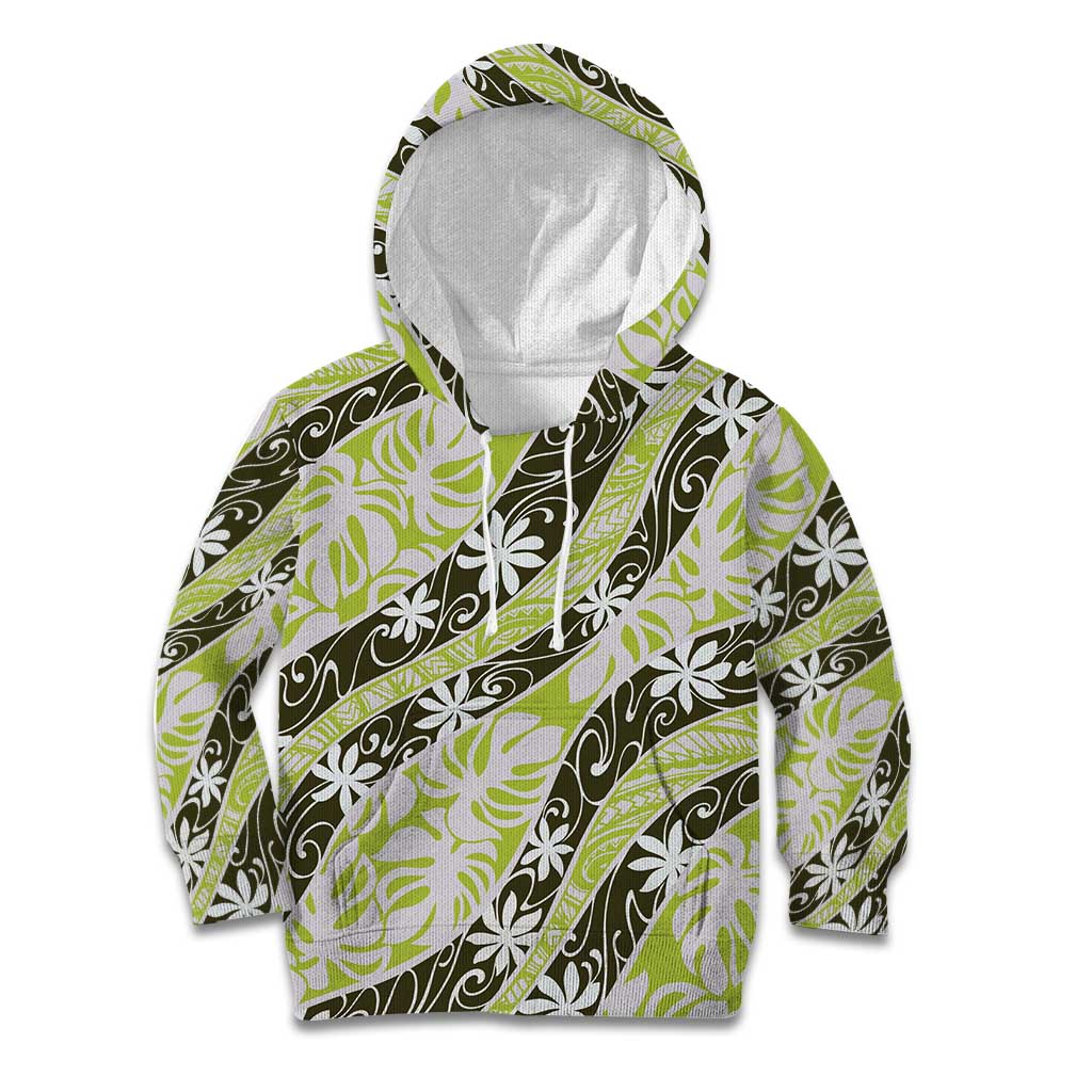 Olive Tahiti Tiare Monstera Kid Hoodie Polynesian Pattern Curve Style LT01 Hoodie Olive - Polynesian Pride