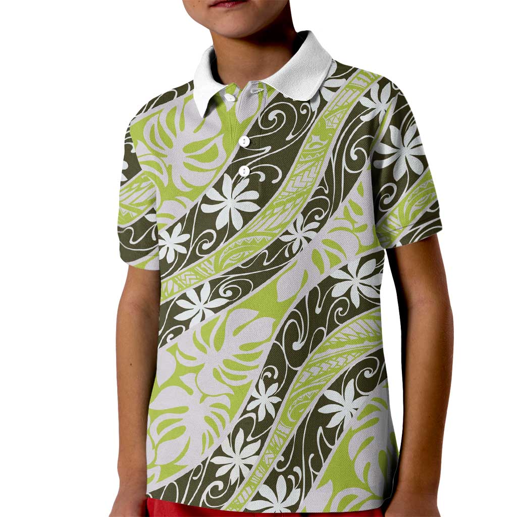 Olive Tahiti Tiare Monstera Kid Polo Shirt Polynesian Pattern Curve Style LT01 Kid Olive - Polynesian Pride