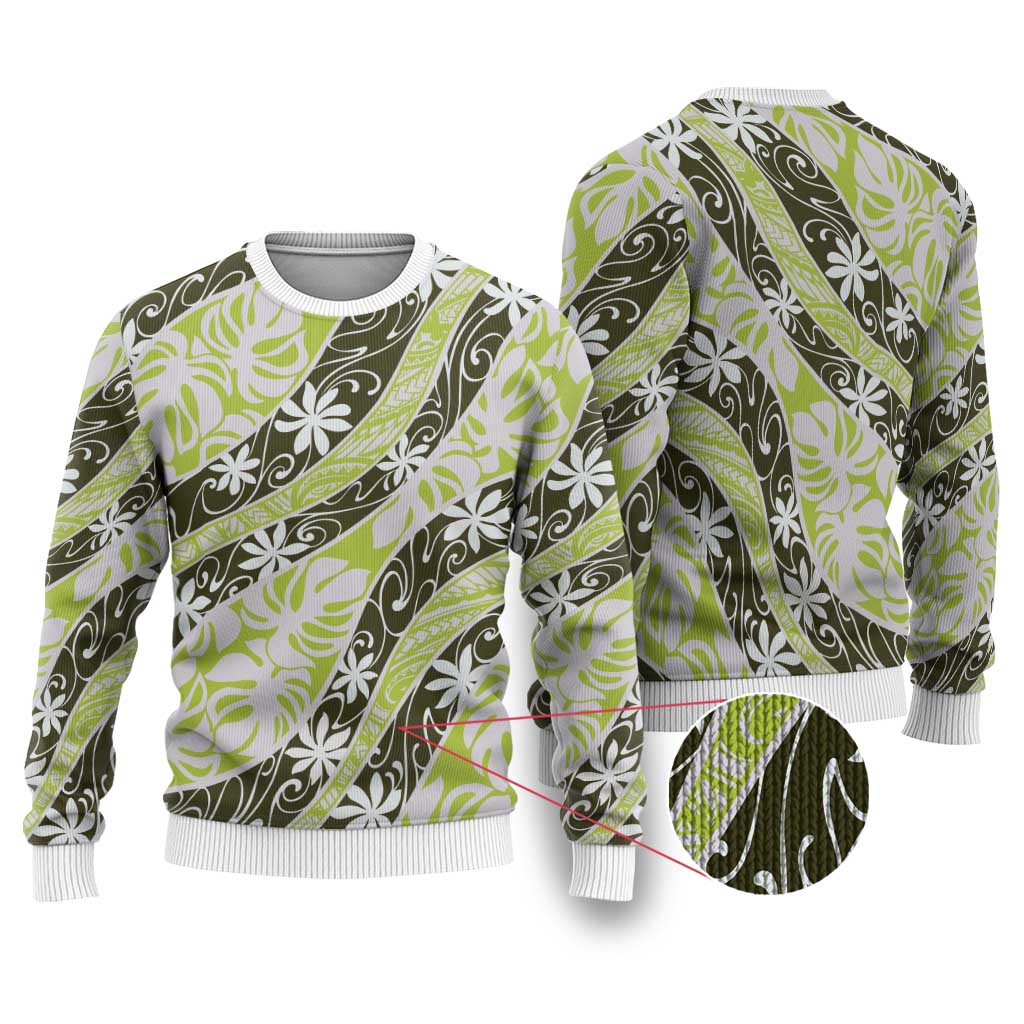 Olive Tahiti Tiare Monstera Ugly Christmas Sweater Polynesian Pattern Curve Style LT01 Olive - Polynesian Pride