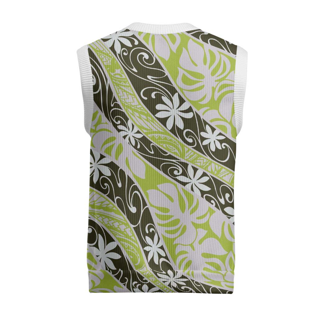 Olive Tahiti Tiare Monstera Christmas Knitted V-Neck Vest Polynesian Pattern Curve Style LT01 - Polynesian Pride