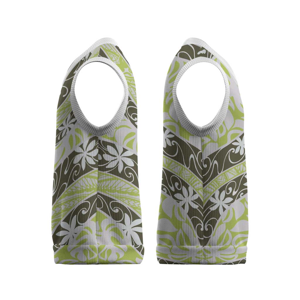 Olive Tahiti Tiare Monstera Christmas Knitted V-Neck Vest Polynesian Pattern Curve Style LT01 - Polynesian Pride