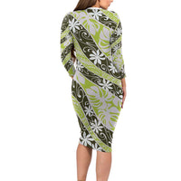 Olive Tahiti Tiare Monstera Long Sleeve Bodycon Dress Polynesian Pattern Curve Style LT01 - Polynesian Pride