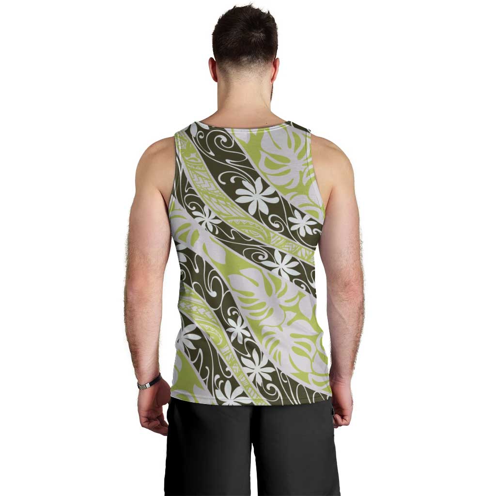 Olive Tahiti Tiare Monstera Men Tank Top Polynesian Pattern Curve Style LT01 - Polynesian Pride