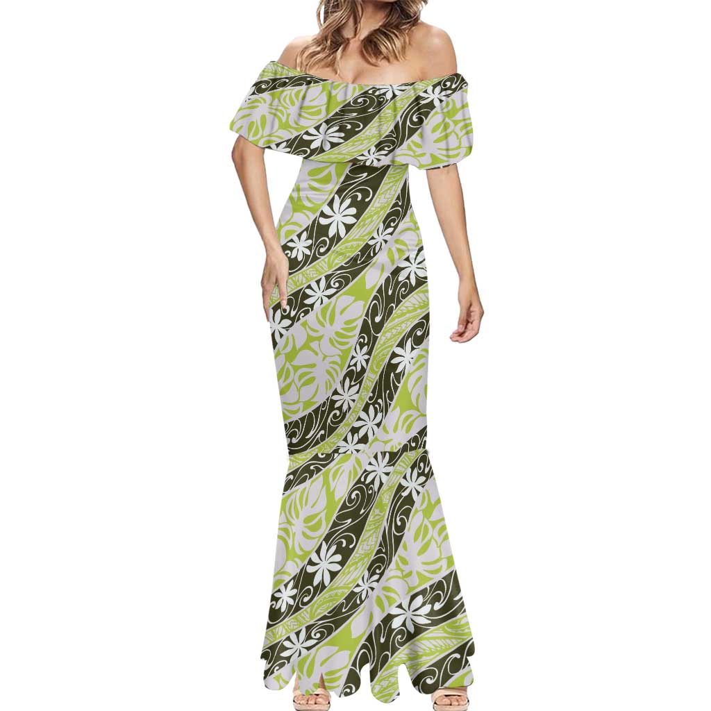 Olive Tahiti Tiare Monstera Mermaid Dress Polynesian Pattern Curve Style LT01 - Polynesian Pride