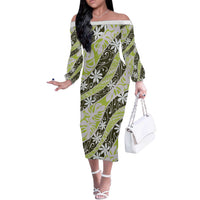 Olive Tahiti Tiare Monstera Off The Shoulder Long Sleeve Dress Polynesian Pattern Curve Style LT01 Women Olive - Polynesian Pride
