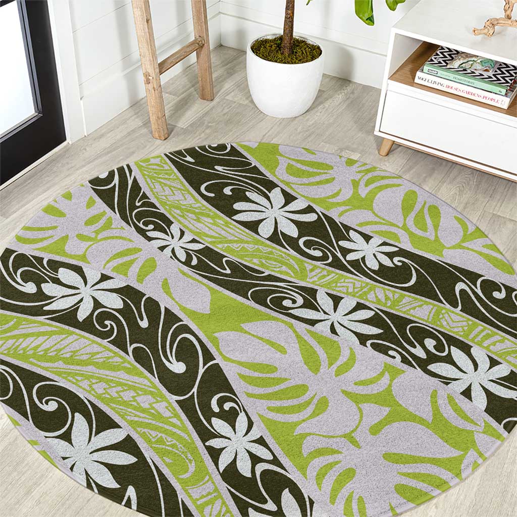 Olive Tahiti Tiare Monstera Round Carpet Polynesian Pattern Curve Style LT01 Olive - Polynesian Pride