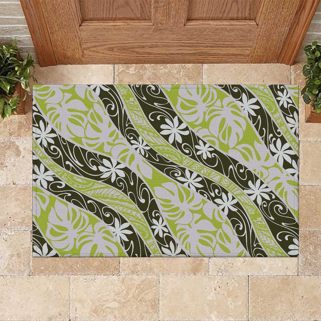 Olive Tahiti Tiare Monstera Rubber Doormat Polynesian Pattern Curve Style LT01 Olive - Polynesian Pride