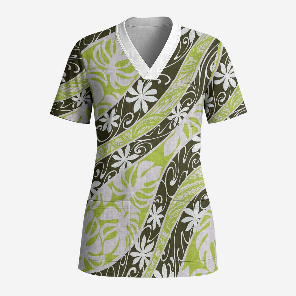 Olive Tahiti Tiare Monstera Scrub Top Polynesian Pattern Curve Style LT01 Adult Olive - Polynesian Pride
