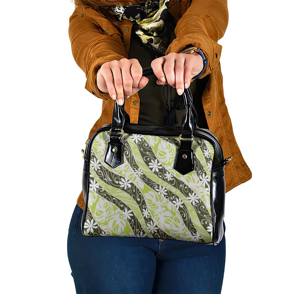 Olive Tahiti Tiare Monstera Shoulder Handbag Polynesian Pattern Curve Style LT01 One Size Olive - Polynesian Pride