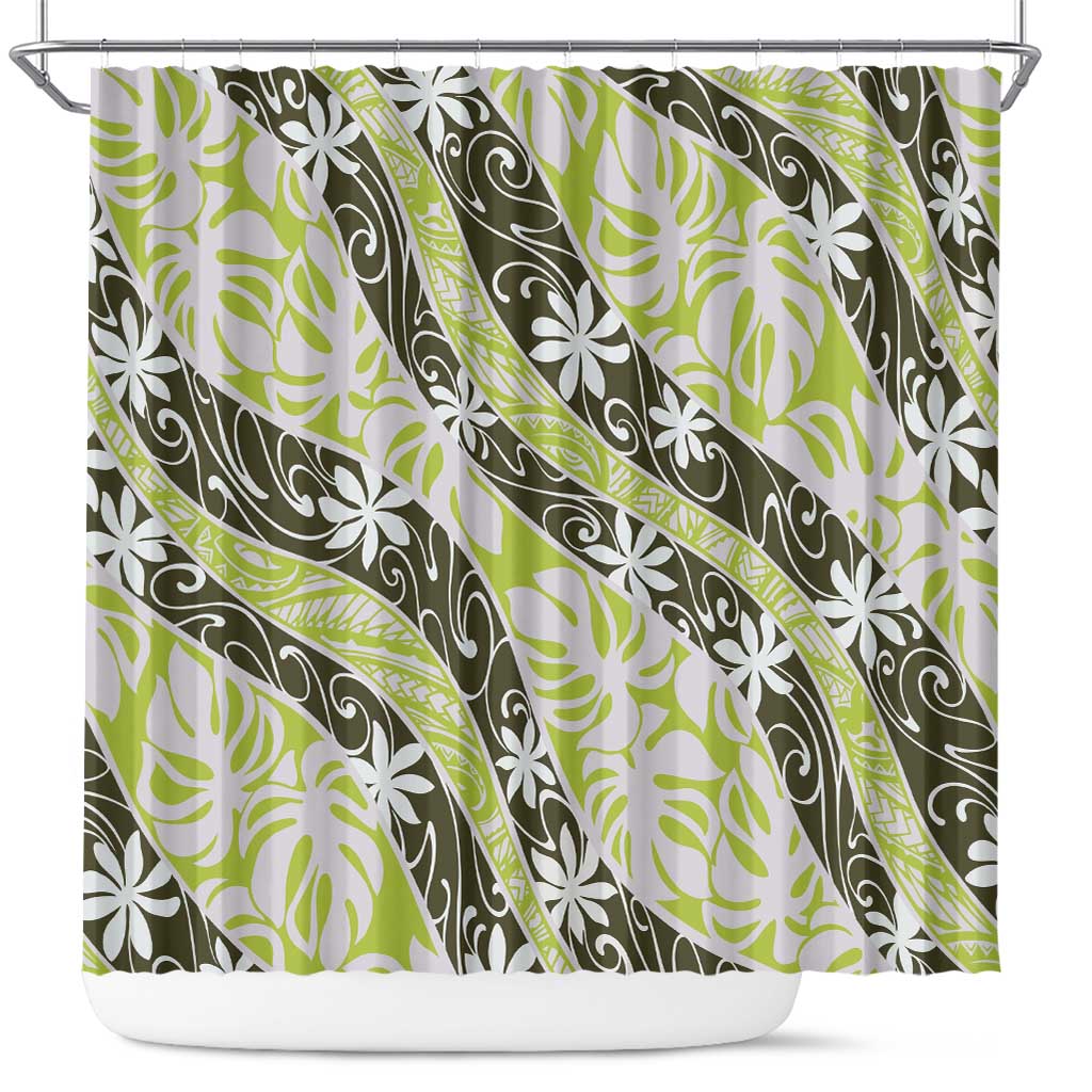 Olive Tahiti Tiare Monstera Shower Curtain Polynesian Pattern Curve Style LT01 Olive - Polynesian Pride