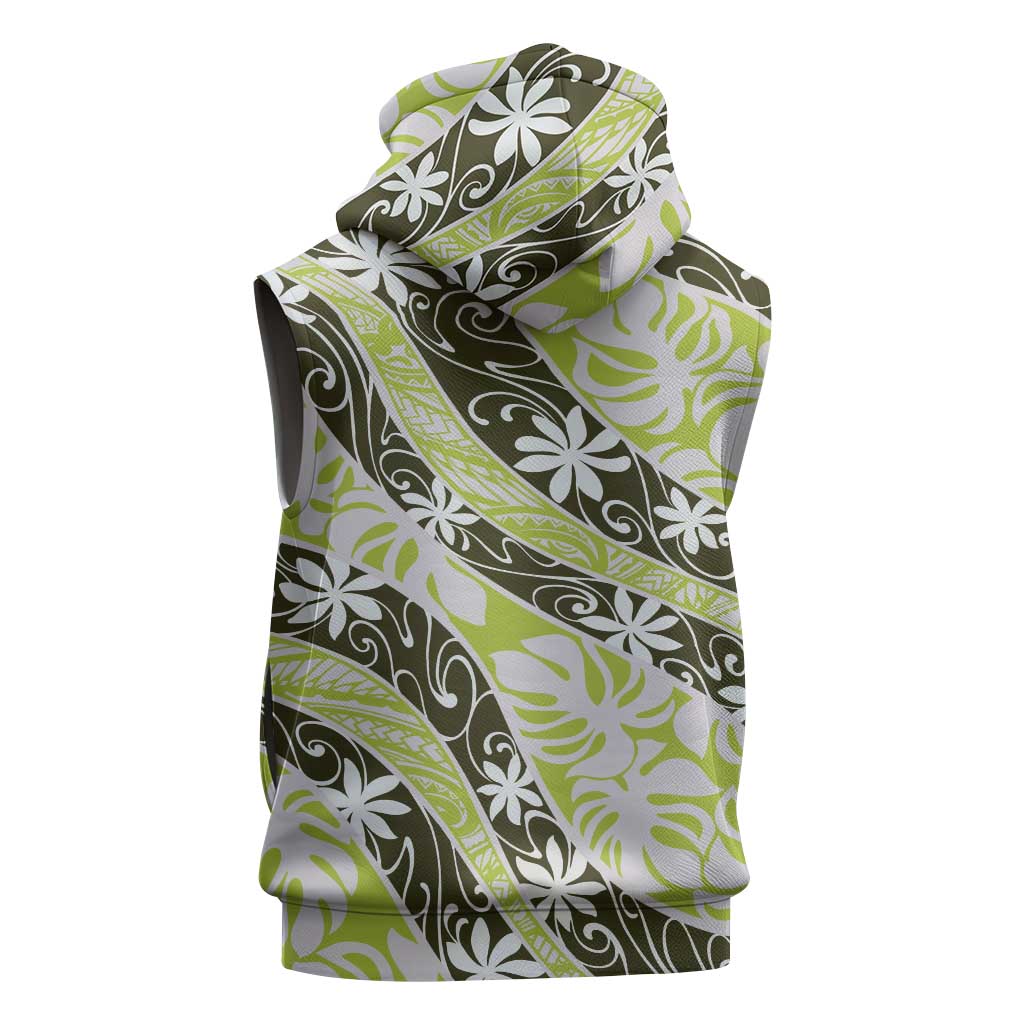 Olive Tahiti Tiare Monstera Sleeveless Zip Hoodie Polynesian Pattern Curve Style LT01 - Polynesian Pride