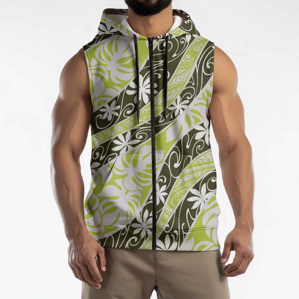 Olive Tahiti Tiare Monstera Sleeveless Zip Hoodie Polynesian Pattern Curve Style LT01 - Polynesian Pride