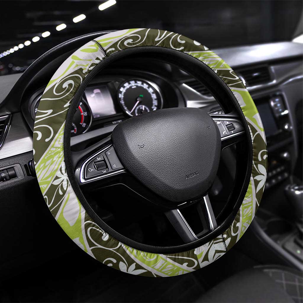Olive Tahiti Tiare Monstera Steering Wheel Cover Polynesian Pattern Curve Style LT01 Universal Fit Olive - Polynesian Pride