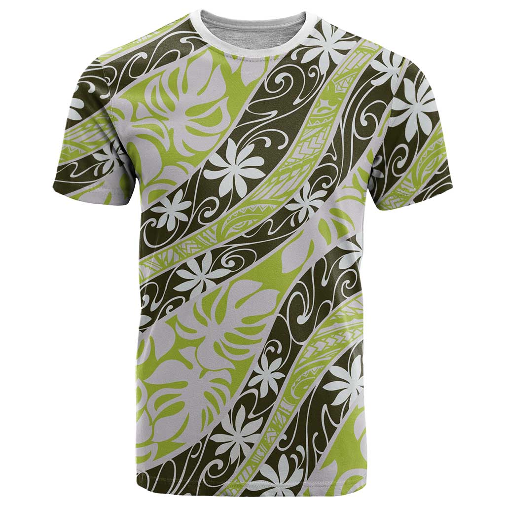 Olive Tahiti Tiare Monstera T Shirt Polynesian Pattern Curve Style LT01 Olive - Polynesian Pride