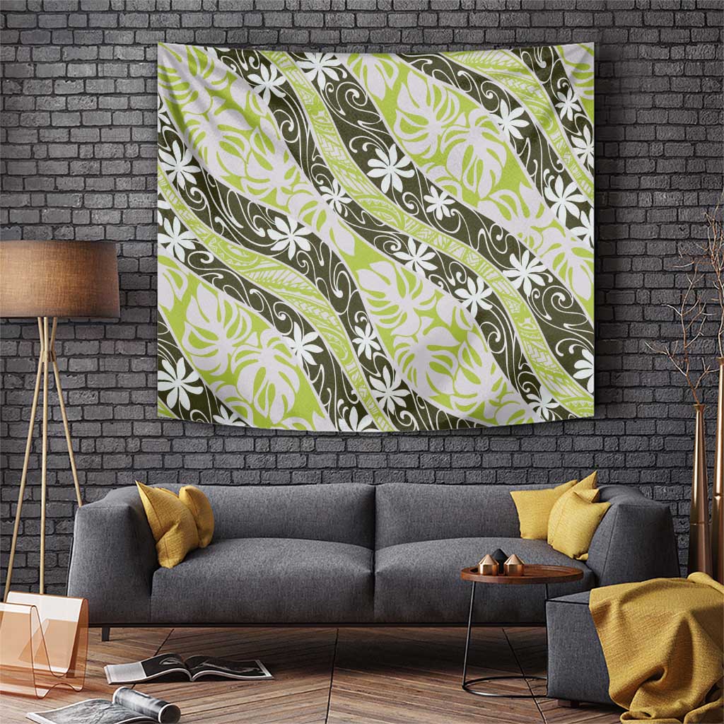 Olive Tahiti Tiare Monstera Tapestry Polynesian Pattern Curve Style LT01 Olive - Polynesian Pride