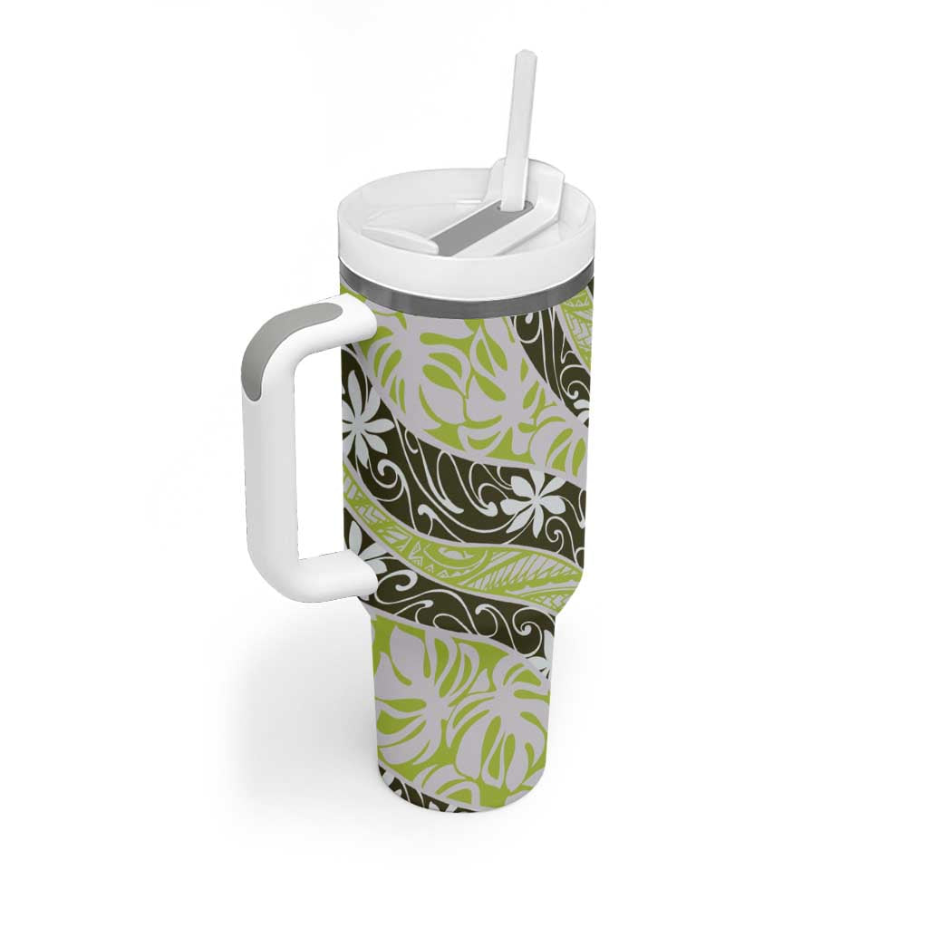 Olive Tahiti Tiare Monstera Tumbler With Handle Polynesian Pattern Curve Style LT01 - Polynesian Pride