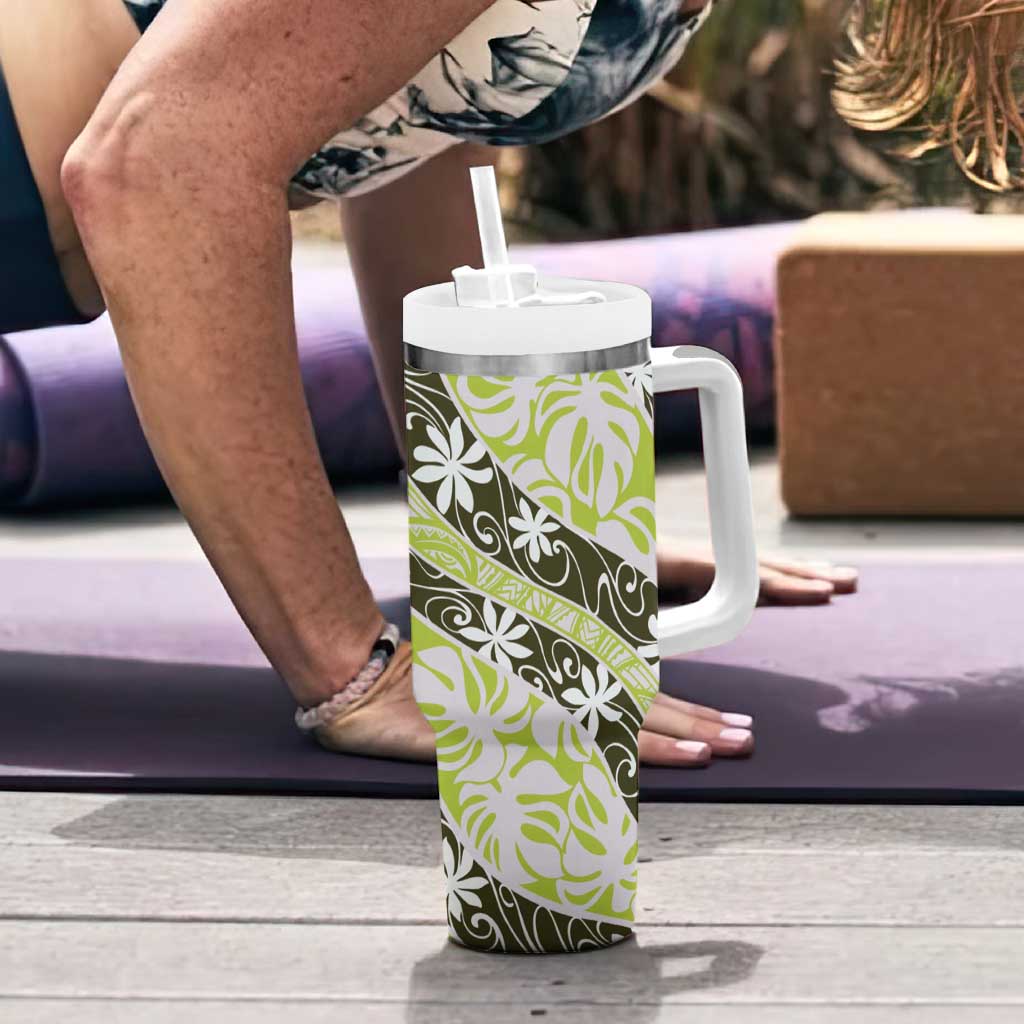 Olive Tahiti Tiare Monstera Tumbler With Handle Polynesian Pattern Curve Style LT01 - Polynesian Pride