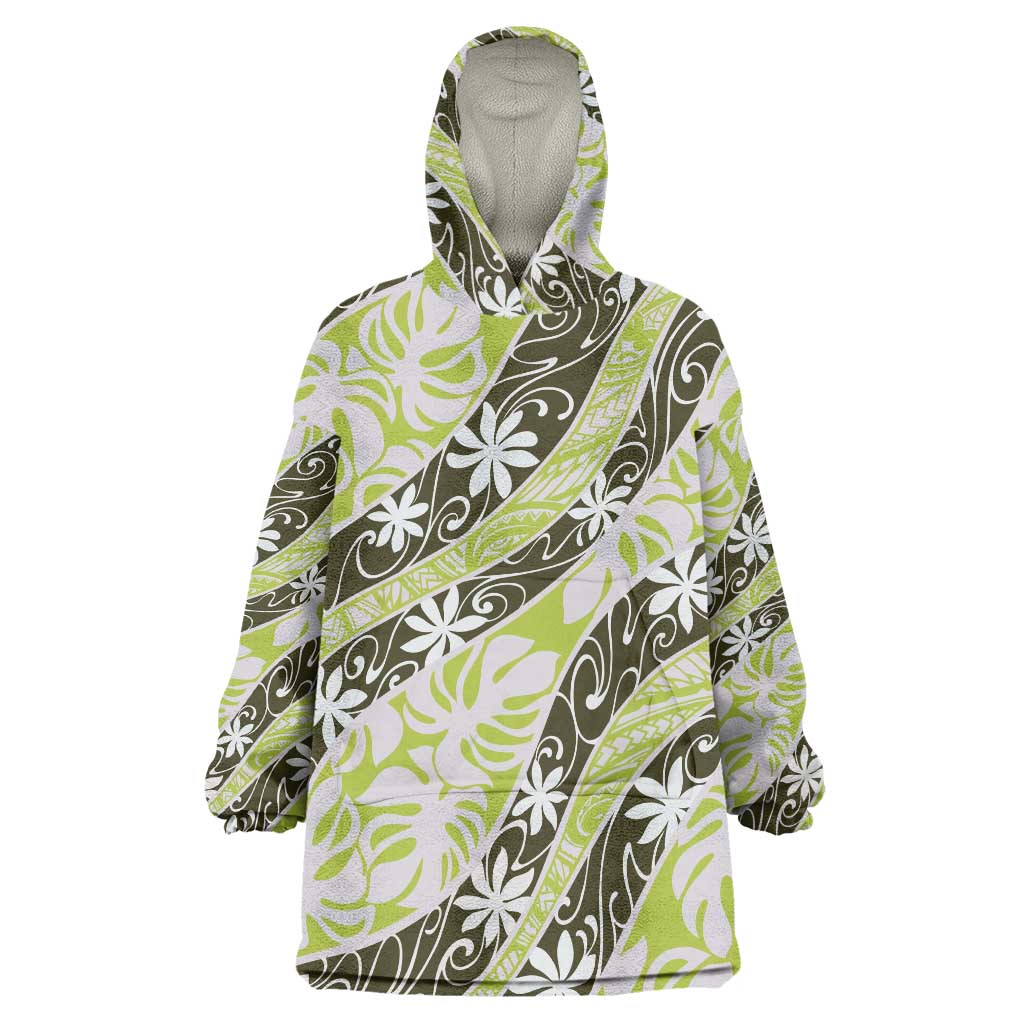 Olive Tahiti Tiare Monstera Wearable Blanket Hoodie Polynesian Pattern Curve Style LT01 One Size Olive - Polynesian Pride