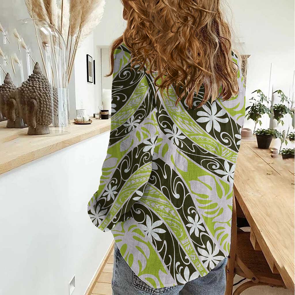 Olive Tahiti Tiare Monstera Women Casual Shirt Polynesian Pattern Curve Style LT01 - Polynesian Pride
