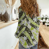 Olive Tahiti Tiare Monstera Women Casual Shirt Polynesian Pattern Curve Style LT01 - Polynesian Pride