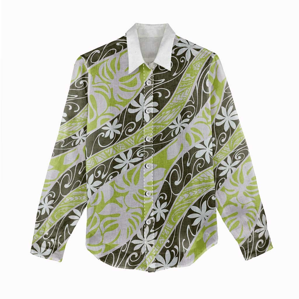 Olive Tahiti Tiare Monstera Women Casual Shirt Polynesian Pattern Curve Style LT01 - Polynesian Pride