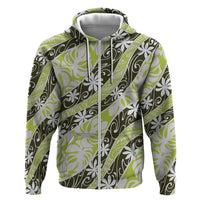 Olive Tahiti Tiare Monstera Zip Hoodie Polynesian Pattern Curve Style LT01 Zip Hoodie Olive - Polynesian Pride