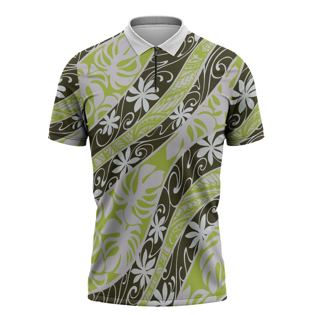 Olive Tahiti Tiare Monstera Zipper Polo Shirt Polynesian Pattern Curve Style LT01 Olive - Polynesian Pride