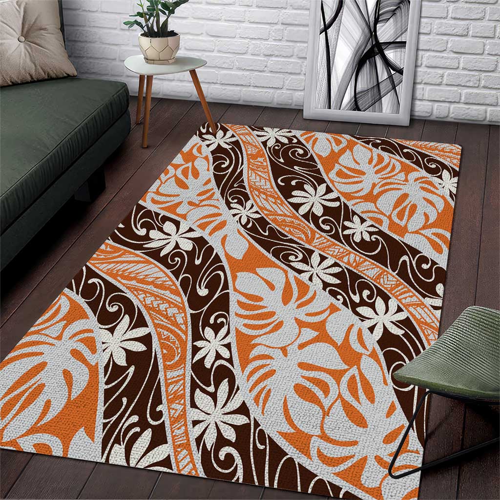 Puatou Tahiti Tiare Monstera Area Rug Polynesian Pattern Curve Style LT01 Orange - Polynesian Pride