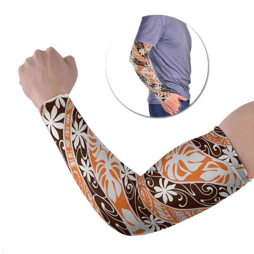 Puatou Tahiti Tiare Monstera Arm Sleeves Polynesian Pattern Curve Style LT01 Set of 2 Orange - Polynesian Pride