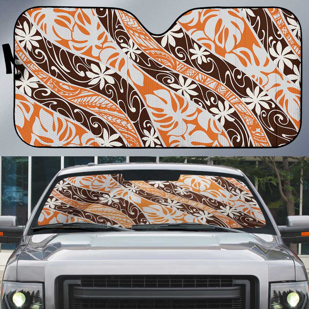 Puatou Tahiti Tiare Monstera Auto Sun Shade Polynesian Pattern Curve Style LT01 Orange - Polynesian Pride