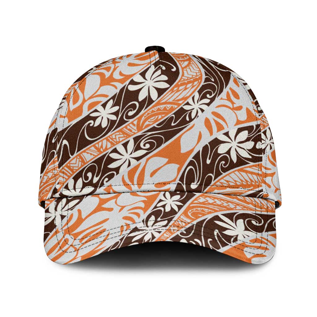 Puatou Tahiti Tiare Monstera Classic Cap Polynesian Pattern Curve Style LT01 Universal Fit Orange - Polynesian Pride