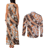 Puatou Tahiti Tiare Monstera Couples Matching Tank Maxi Dress and Long Sleeve Button Shirt Polynesian Pattern Curve Style LT01 - Polynesian Pride