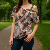 Puatou Tahiti Tiare Monstera Cross Shoulder Shirt Polynesian Pattern Curve Style LT01 - Polynesian Pride