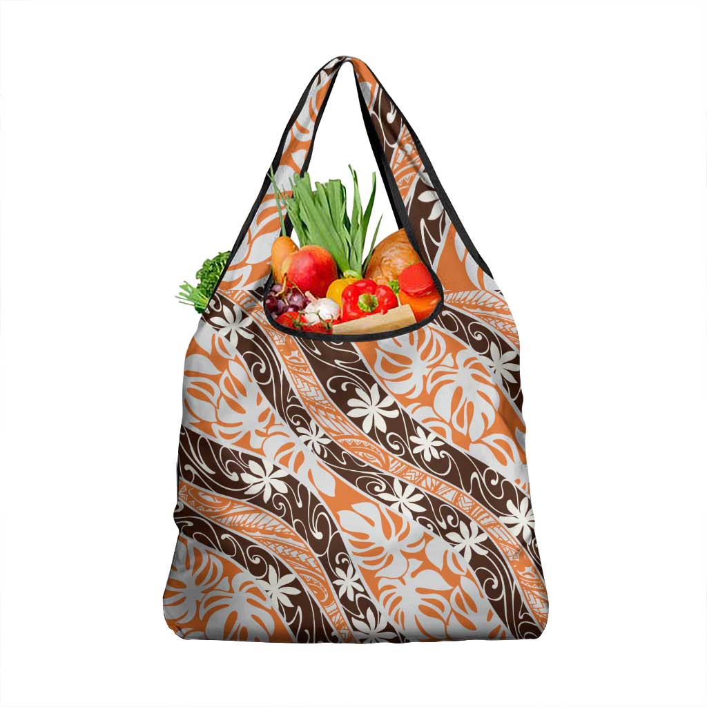 Puatou Tahiti Tiare Monstera Grocery Bag Polynesian Pattern Curve Style LT01 1-pack One Size Orange - Polynesian Pride