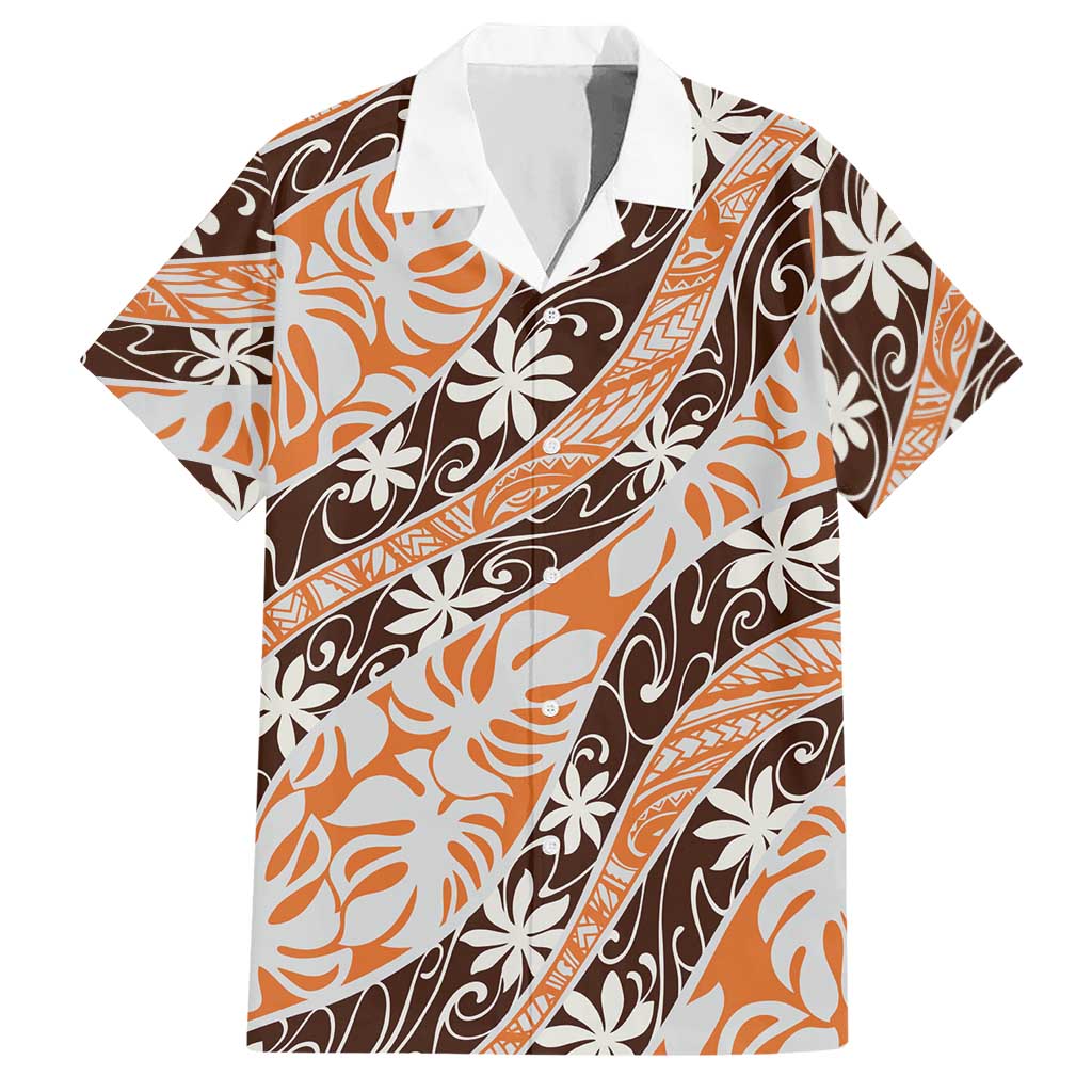 Puatou Tahiti Tiare Monstera Hawaiian Shirt Polynesian Pattern Curve Style LT01 Orange - Polynesian Pride