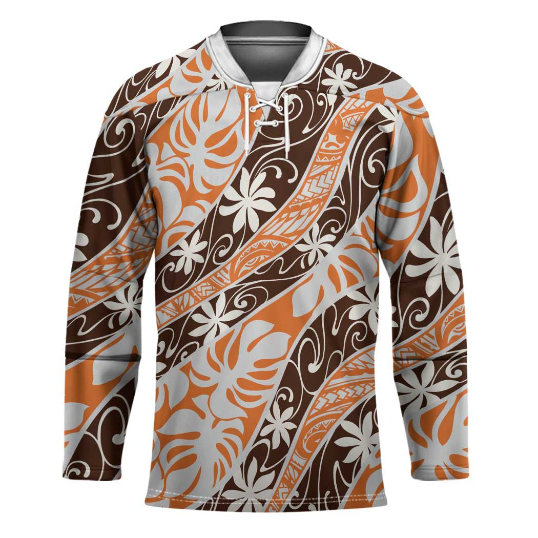 Puatou Tahiti Tiare Monstera Hockey Jersey Polynesian Pattern Curve Style LT01 Unisex Orange - Polynesian Pride