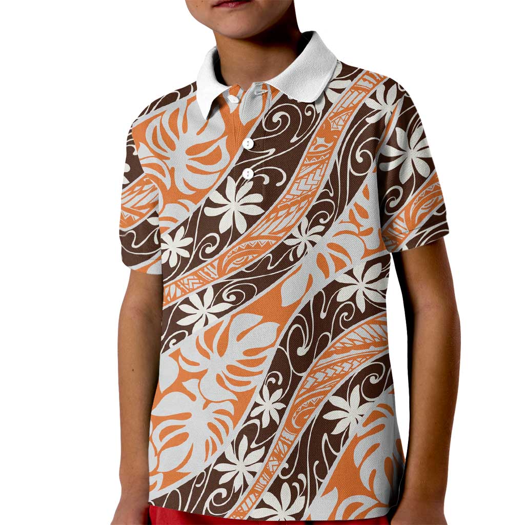 Puatou Tahiti Tiare Monstera Kid Polo Shirt Polynesian Pattern Curve Style LT01 Kid Orange - Polynesian Pride