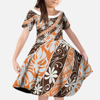 Puatou Tahiti Tiare Monstera Kid Short Sleeve Dress Polynesian Pattern Curve Style LT01 KID Orange - Polynesian Pride