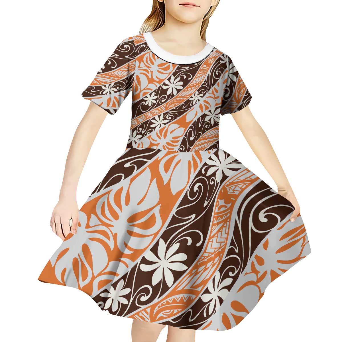 Puatou Tahiti Tiare Monstera Kid Short Sleeve Dress Polynesian Pattern Curve Style LT01 - Polynesian Pride