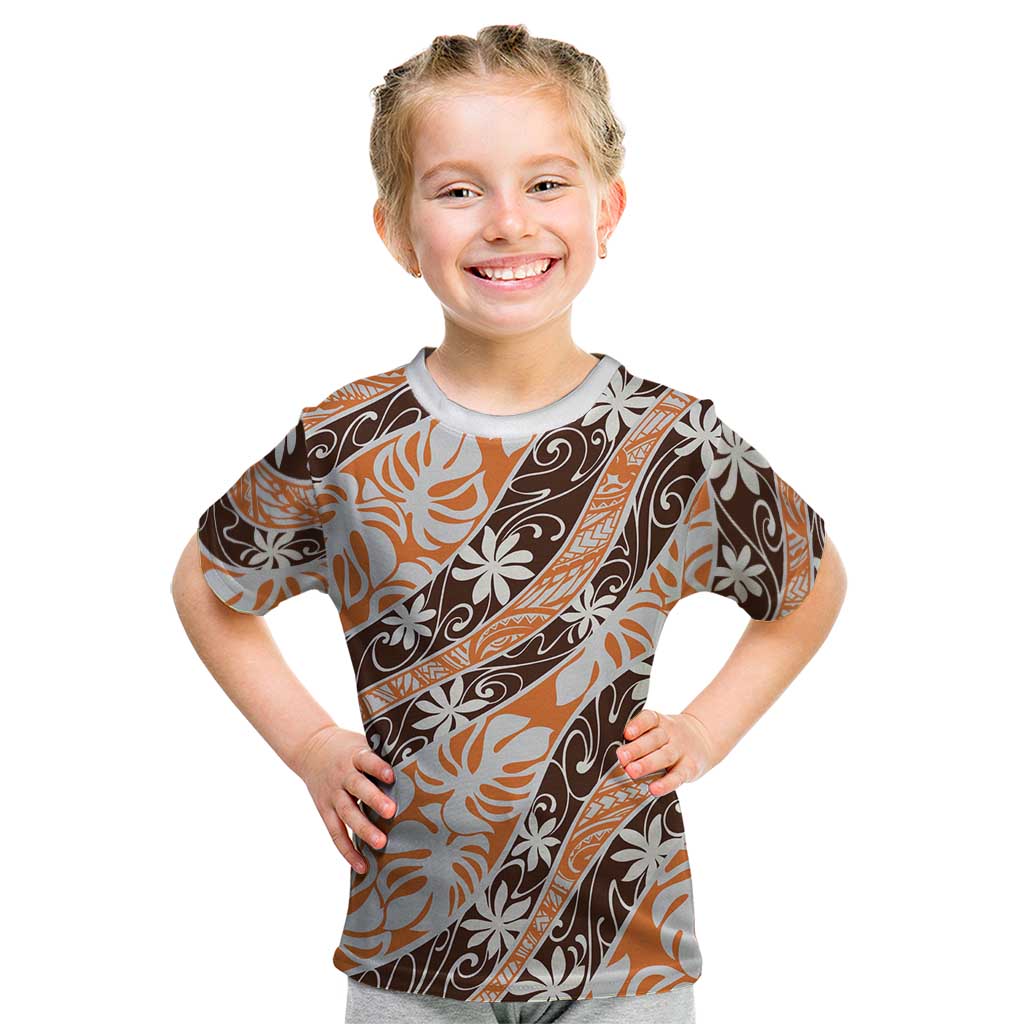 Puatou Tahiti Tiare Monstera Kid T Shirt Polynesian Pattern Curve Style LT01 Orange - Polynesian Pride