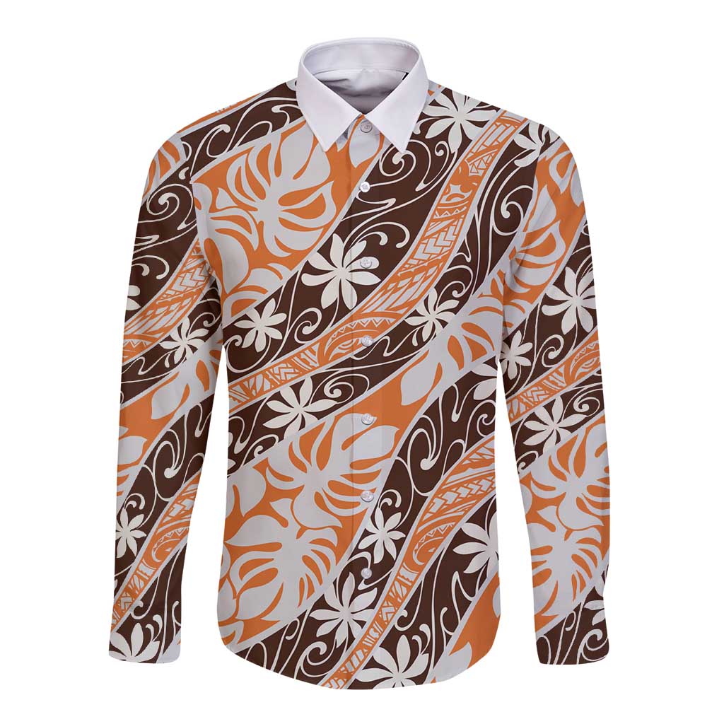 Puatou Tahiti Tiare Monstera Long Sleeve Button Shirt Polynesian Pattern Curve Style LT01 Unisex Orange - Polynesian Pride
