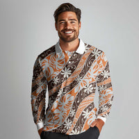 Puatou Tahiti Tiare Monstera Long Sleeve Polo Shirt Polynesian Pattern Curve Style LT01 - Polynesian Pride