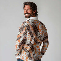 Puatou Tahiti Tiare Monstera Long Sleeve Polo Shirt Polynesian Pattern Curve Style LT01 - Polynesian Pride