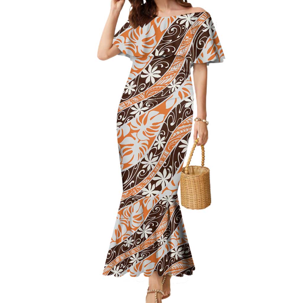 Puatou Tahiti Tiare Monstera Mermaid Dress Polynesian Pattern Curve Style LT01 Women Orange - Polynesian Pride