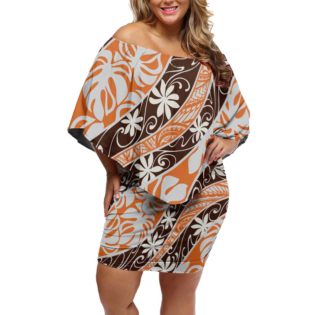 Puatou Tahiti Tiare Monstera Off Shoulder Short Dress Polynesian Pattern Curve Style LT01 Women Orange - Polynesian Pride